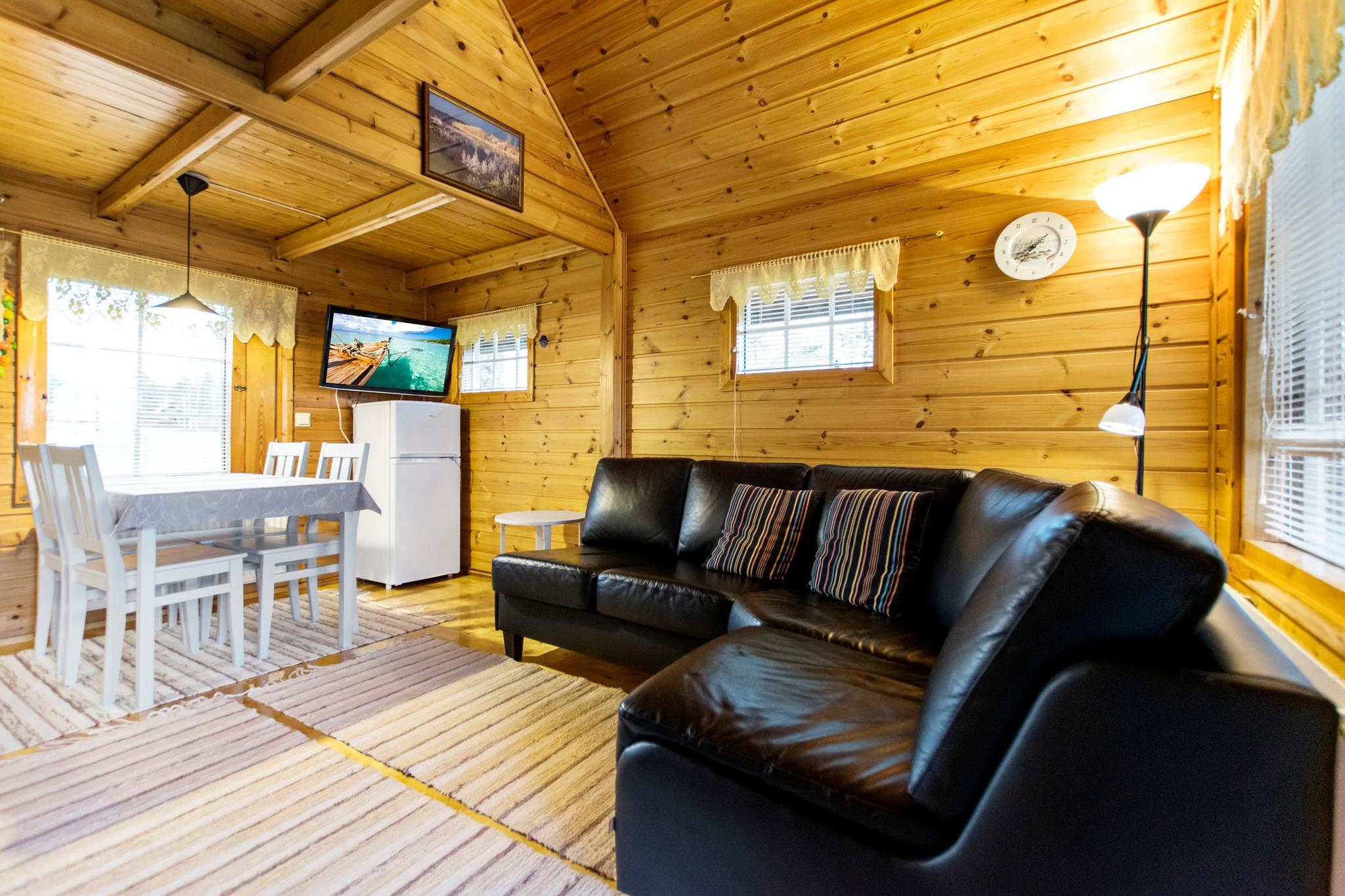 Interior view of Missi's cozy living room with a heat-reserving soapstone fireplace.