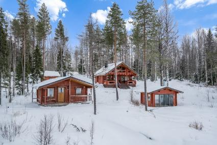 Panoramic view of the Ahonranta cabin and surrounding forest at sunset.