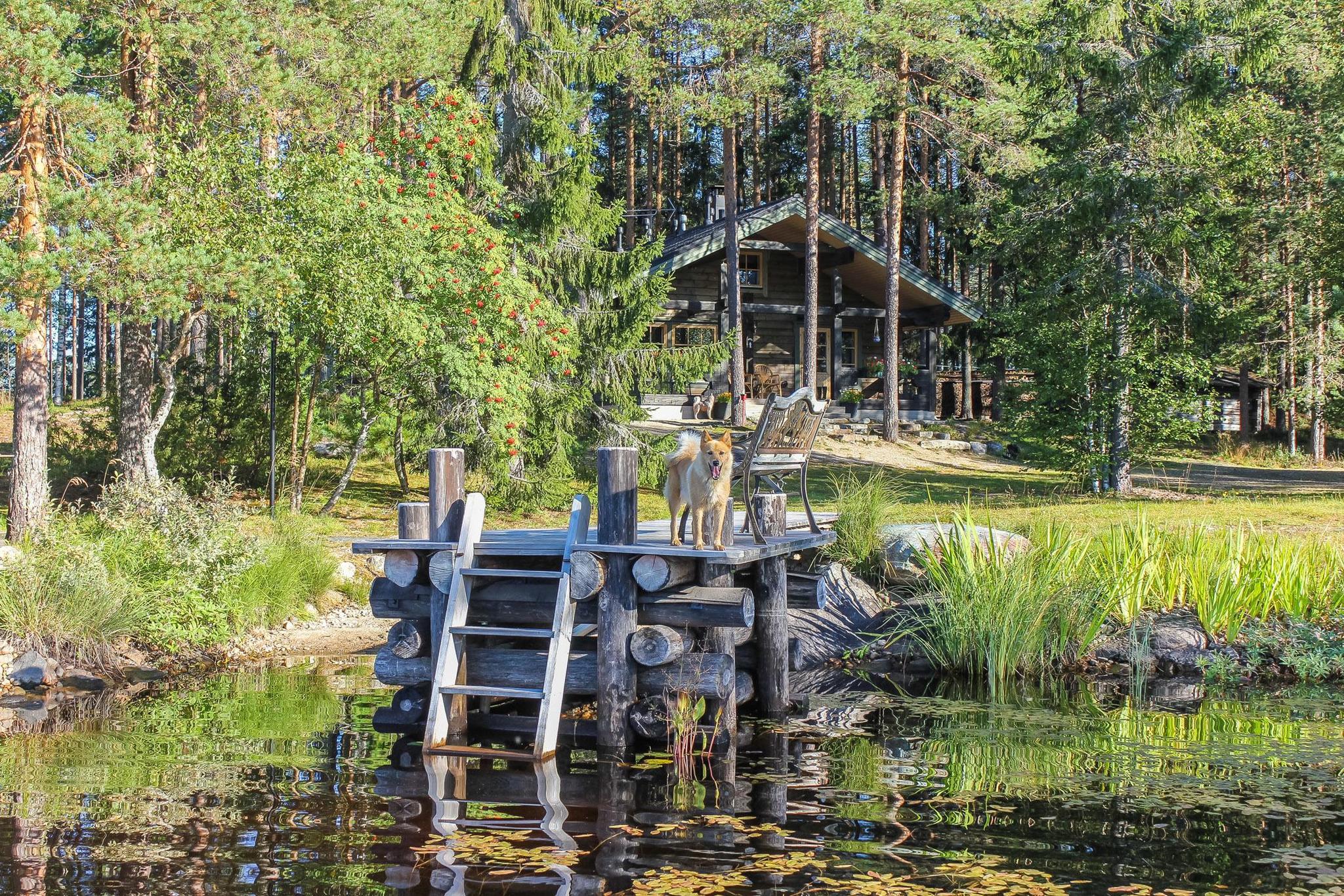 Outdoor dining setup at Hamppulahti cottage with a view of the river.