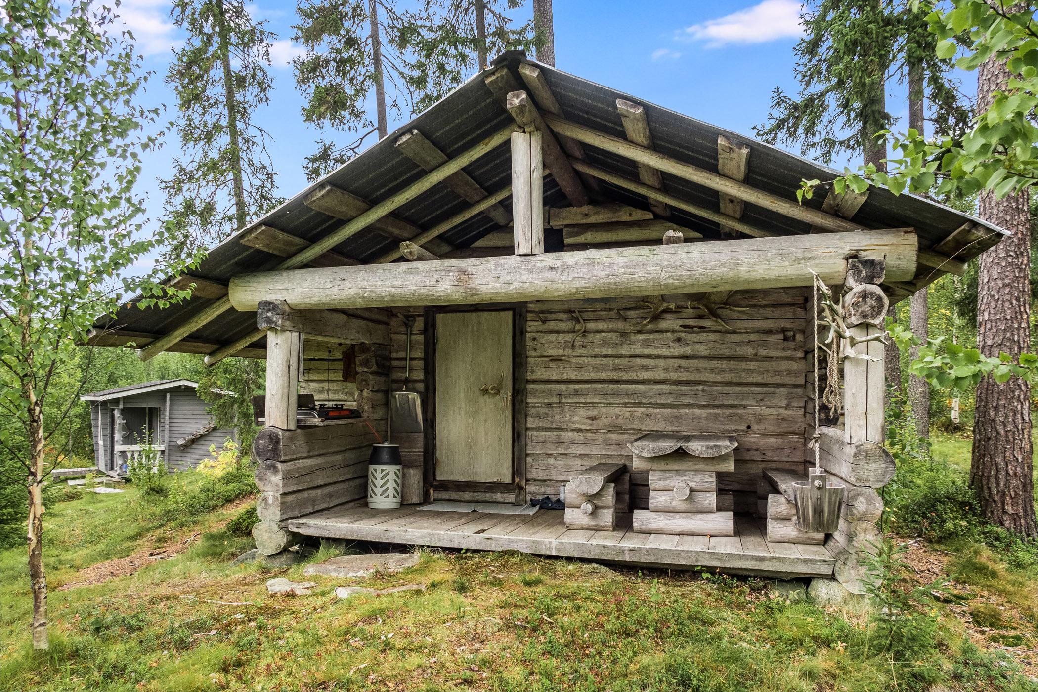 Panoramic view of the serene and secluded Kullaus cabin in the woods.