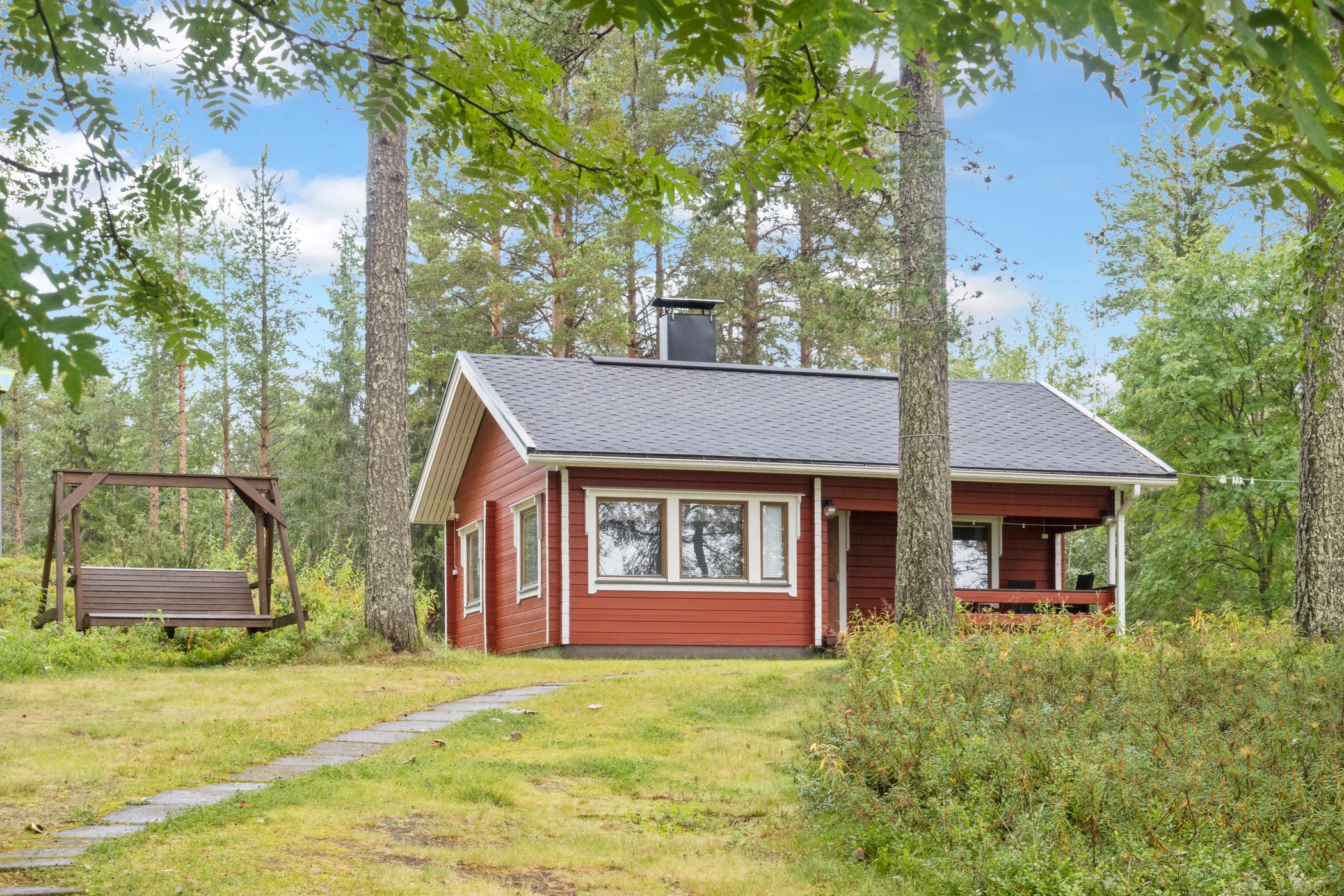 Evening view of the peaceful Lepokunnas cabin by the lake.